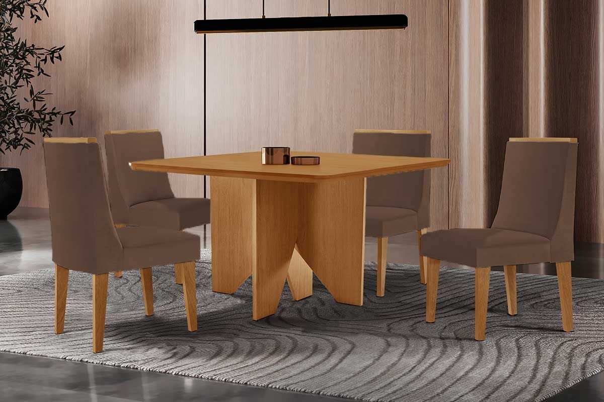 Sala Jantar Mesa Nevada c/ Tampo Madeirado Canto Curvo 90x90cm e 4 Cadeiras Dakota - Rufato