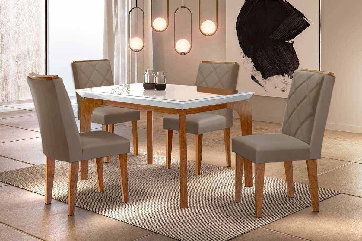 Sala Jantar Mesa Londrina c/ Tampo Madeirado c/ Vidro Canto Curvo 120x80cm 4 Cadeiras Pietá - Rufato
