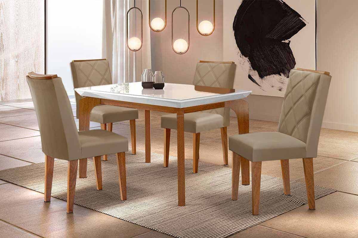 Sala Jantar Mesa Londrina c/ Tampo Madeirado c/ Vidro Canto Curvo 120x80cm 4 Cadeiras Pietá - Rufato