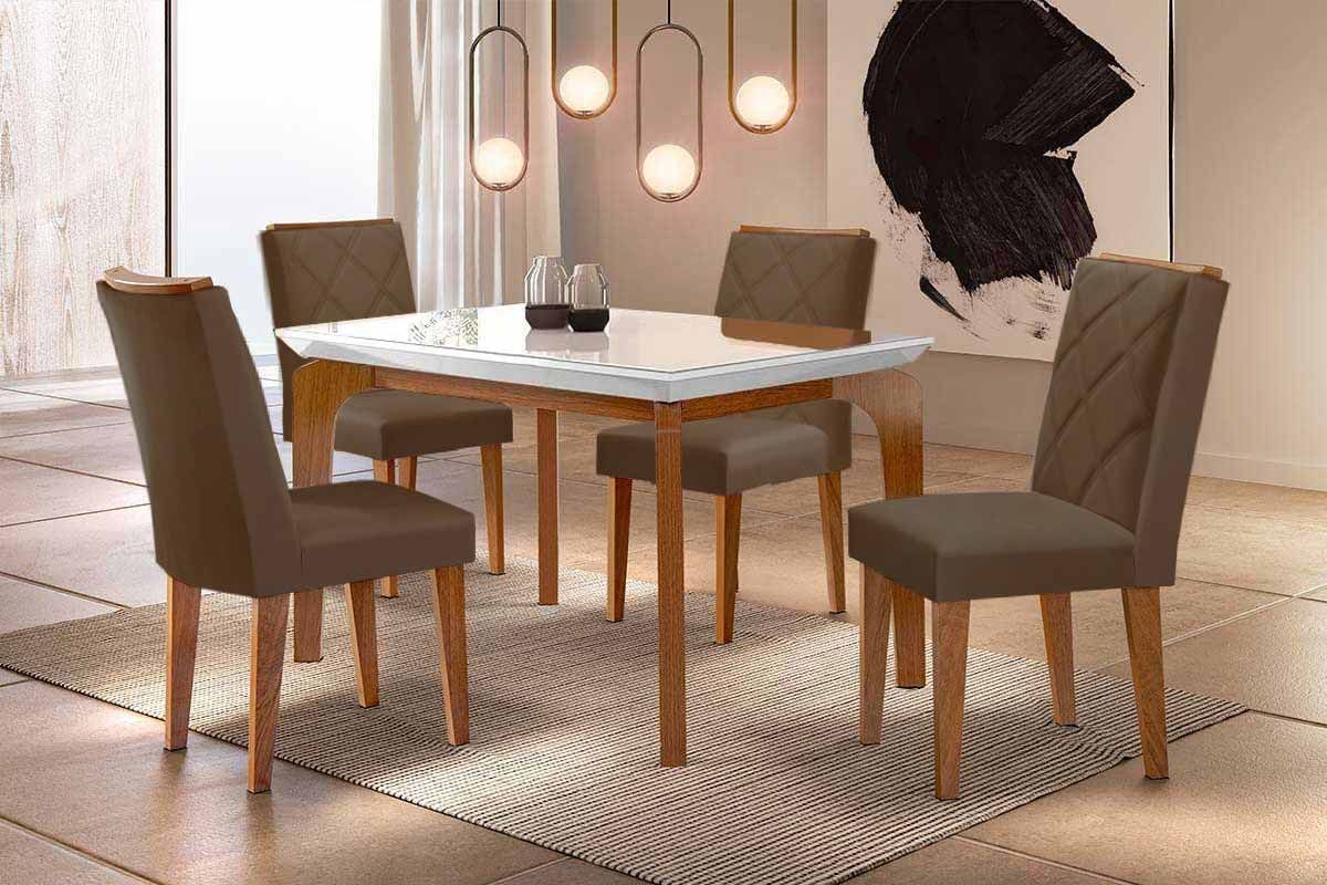 Sala Jantar Mesa Londrina c/ Tampo Madeirado c/ Vidro Canto Curvo 120x80cm 4 Cadeiras Pietá - Rufato