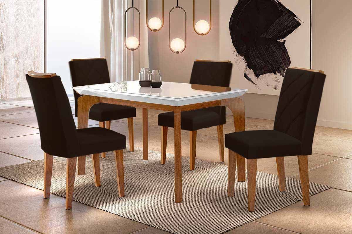 Sala Jantar Mesa Londrina c/ Tampo Madeirado c/ Vidro Canto Curvo 120x80cm 4 Cadeiras Pietá - Rufato