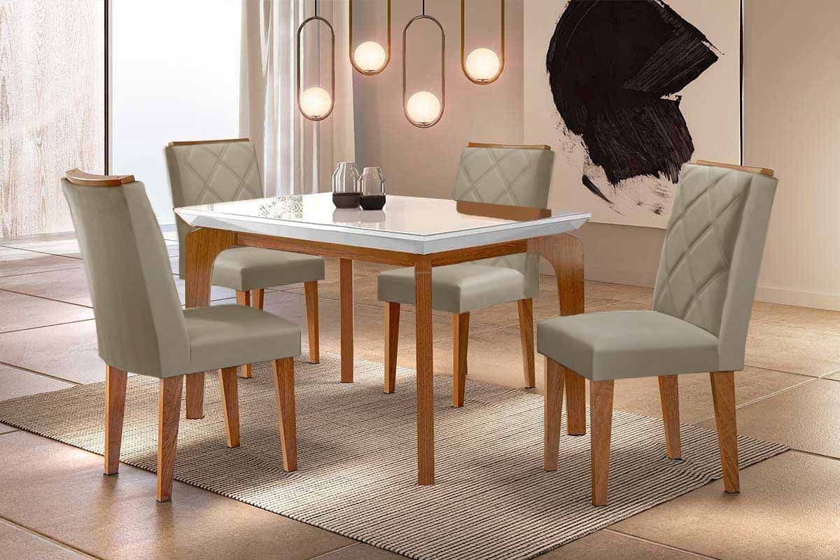 Sala Jantar Mesa Londrina c/ Tampo Madeirado c/ Vidro Canto Curvo 120x80cm 4 Cadeiras Pietá - Rufato