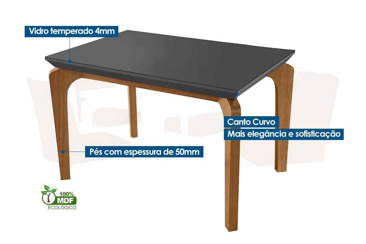 Sala Jantar Mesa Londrina c/ Tampo Madeirado c/ Vidro Canto Curvo 120x80cm 4 Cadeiras Pietá - Rufato