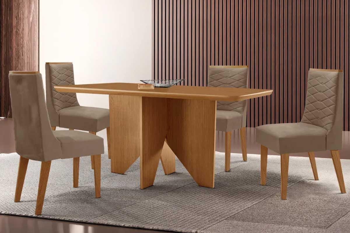 Sala Jantar Mesa Nevada c/ Tampo Madeirado Canto Curvo 120x80cm e 4 Cadeiras Maldivas - Rufato