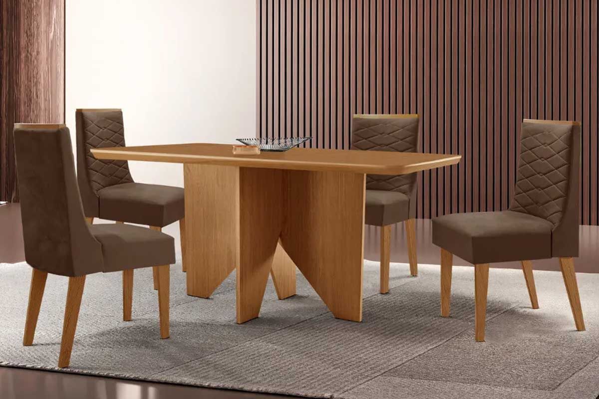 Sala Jantar Mesa Nevada c/ Tampo Madeirado Canto Curvo 120x80cm e 4 Cadeiras Maldivas - Rufato