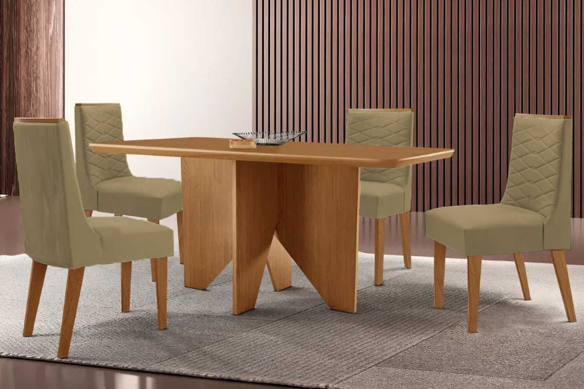 Sala Jantar Mesa Nevada c/ Tampo Madeirado Canto Curvo 120x80cm e 4 Cadeiras Maldivas - Rufato