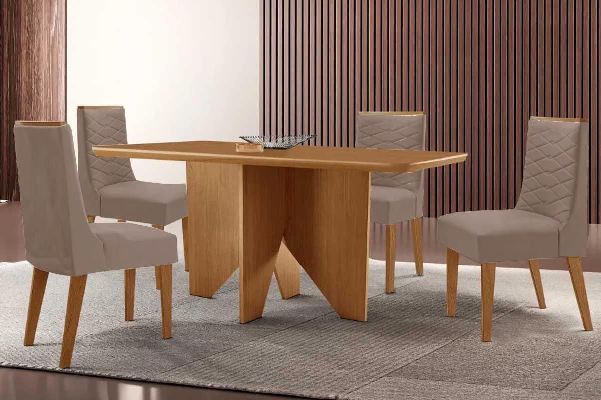 Sala Jantar Mesa Nevada c/ Tampo Madeirado Canto Curvo 120x80cm e 4 Cadeiras Maldivas - Rufato