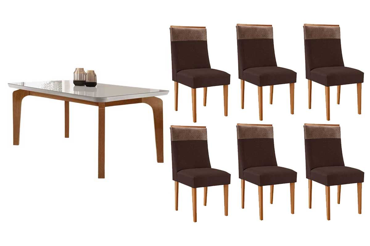 Sala Jantar Mesa Londrina c/ Tampo Madeirado c/ Vidro Canto Curvo 180x90cm e 6 Cadeiras Jaspe - Rufato