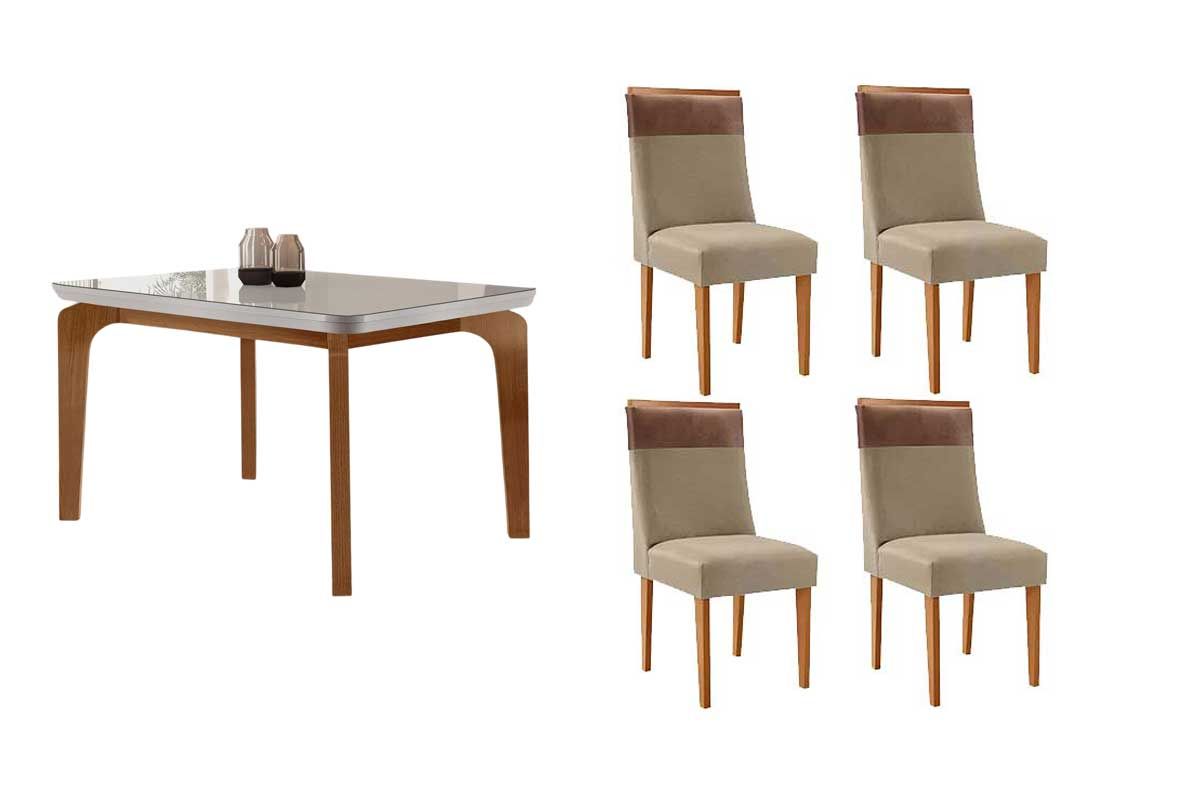 Sala Jantar Mesa Londrina c/ Tampo Madeirado c/ Vidro Canto Curvo 120x80cm 4 Cadeiras Jaspe - Rufato