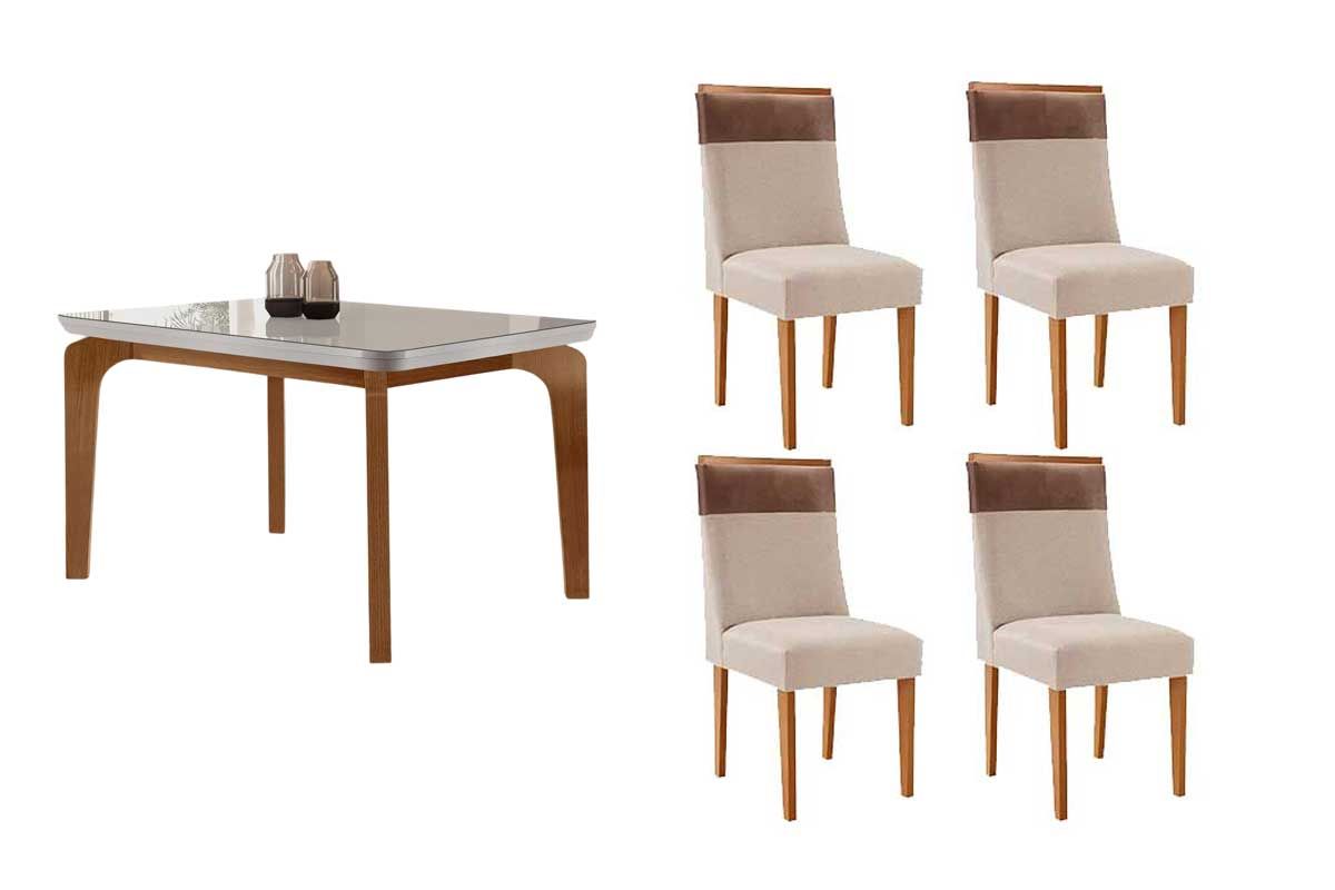 Sala Jantar Mesa Londrina c/ Tampo Madeirado c/ Vidro Canto Curvo 120x80cm 4 Cadeiras Jaspe - Rufato