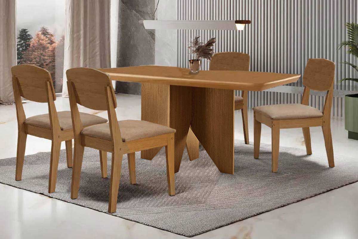Sala Jantar Mesa Nevada c/ Tampo Madeirado Canto Curvo 120x80cm e 4 Cadeiras Havana - Rufato