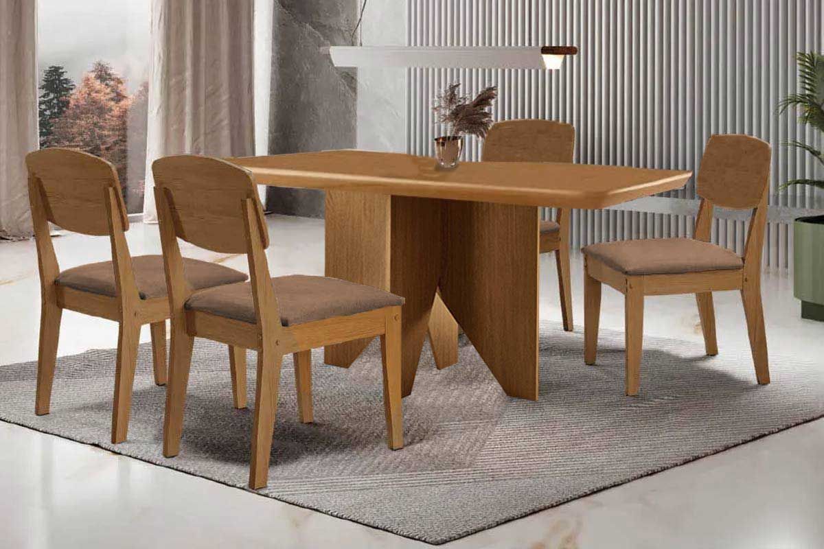 Sala Jantar Mesa Nevada c/ Tampo Madeirado Canto Curvo 120x80cm e 4 Cadeiras Havana - Rufato