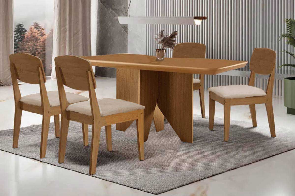 Sala Jantar Mesa Nevada c/ Tampo Madeirado Canto Curvo 120x80cm e 4 Cadeiras Havana - Rufato