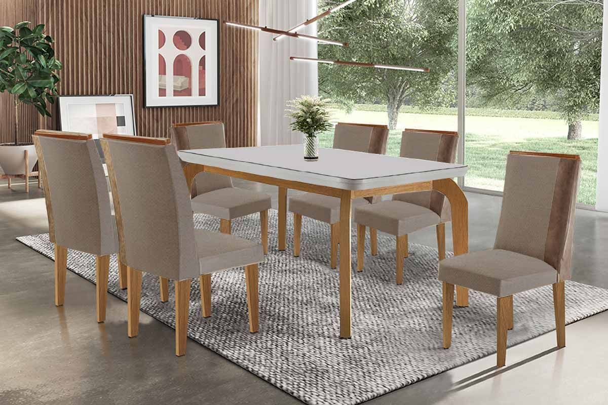 Sala Jantar Mesa Londrina c/ Tampo Madeirado c/ Vidro Canto Curvo 180x90cm e 6 Cadeiras Tilia - Rufato