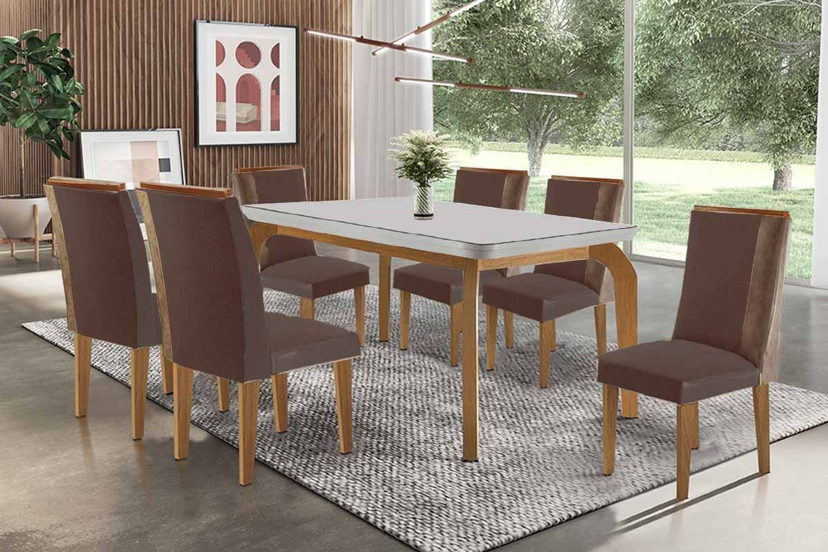 Sala Jantar Mesa Londrina c/ Tampo Madeirado c/ Vidro Canto Curvo 180x90cm e 6 Cadeiras Tilia - Rufato