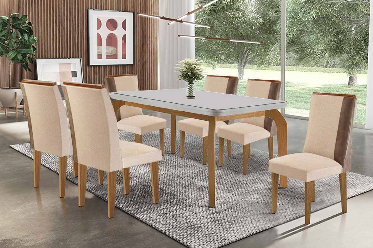 Sala Jantar Mesa Londrina c/ Tampo Madeirado c/ Vidro Canto Curvo 180x90cm e 6 Cadeiras Tilia - Rufato