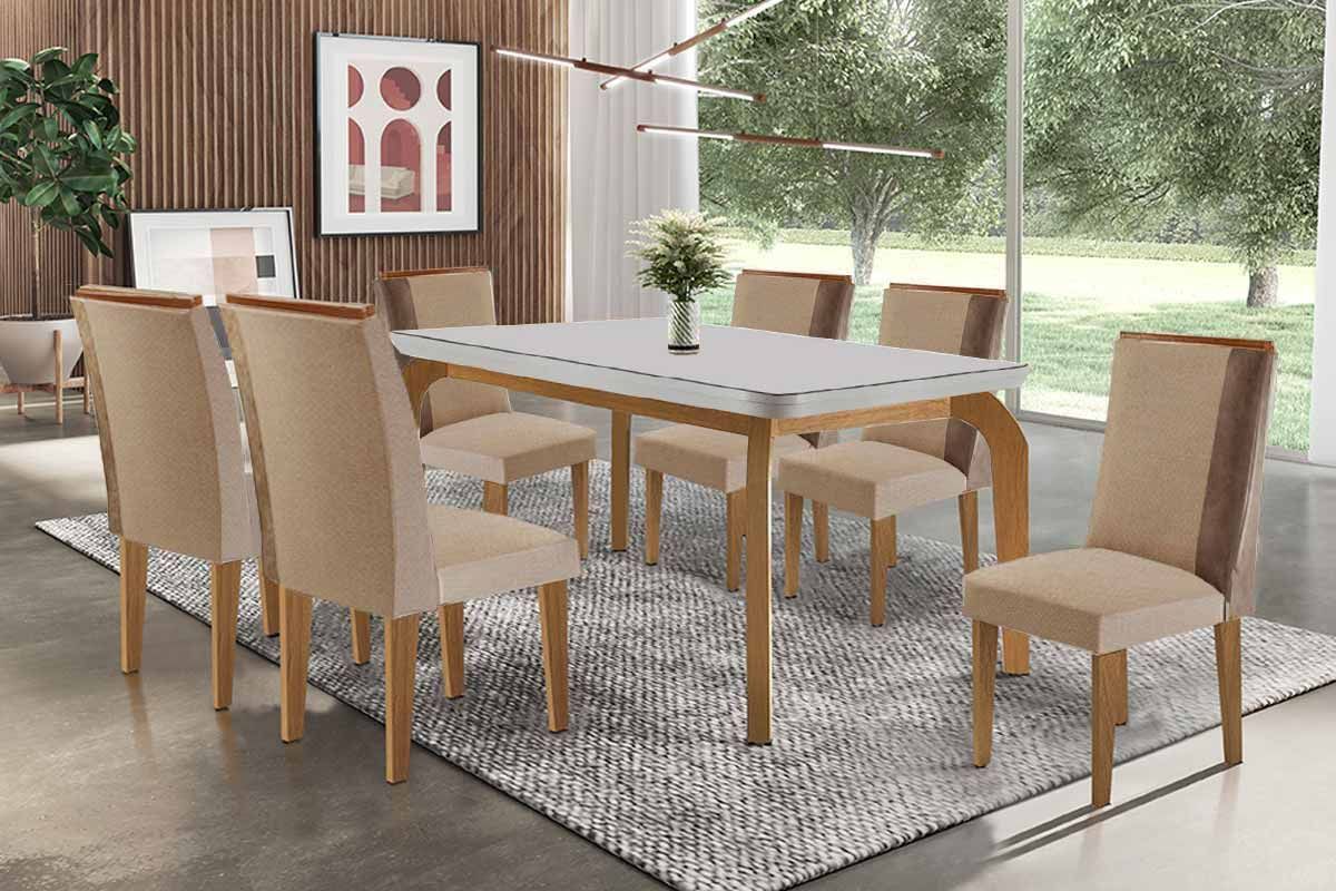 Sala Jantar Mesa Londrina c/ Tampo Madeirado c/ Vidro Canto Curvo 180x90cm e 6 Cadeiras Tilia - Rufato