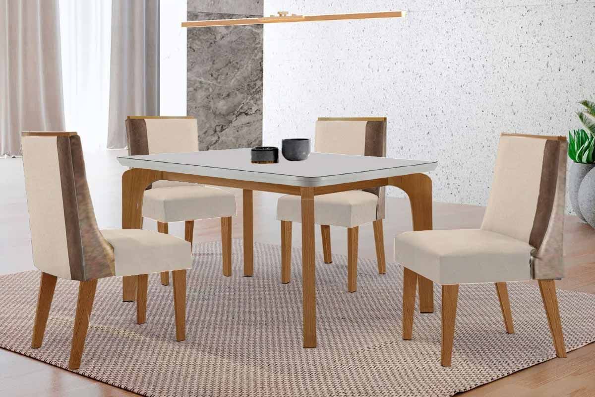 Sala Jantar Mesa Londrina c/ Tampo Madeirado c/ Vidro Canto Curvo 120x80cm 4 Cadeiras Tilia - Rufato