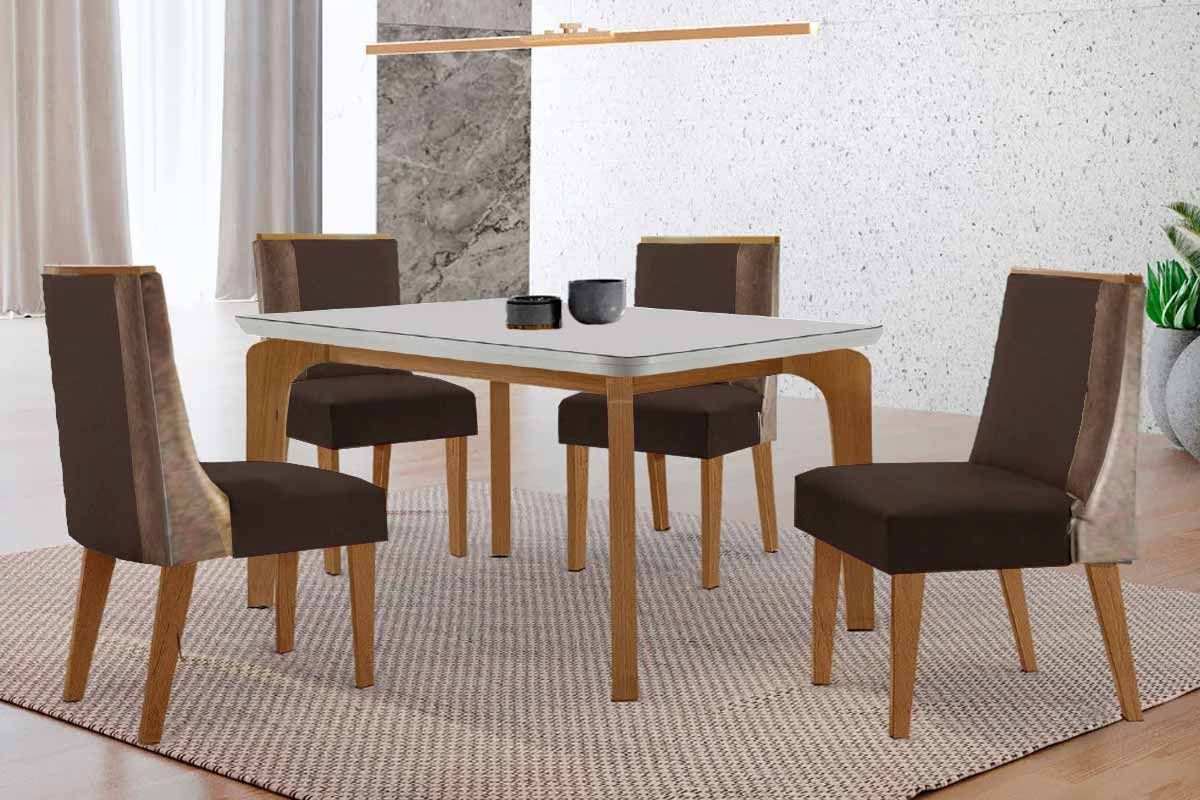 Sala Jantar Mesa Londrina c/ Tampo Madeirado c/ Vidro Canto Curvo 120x80cm 4 Cadeiras Tilia - Rufato