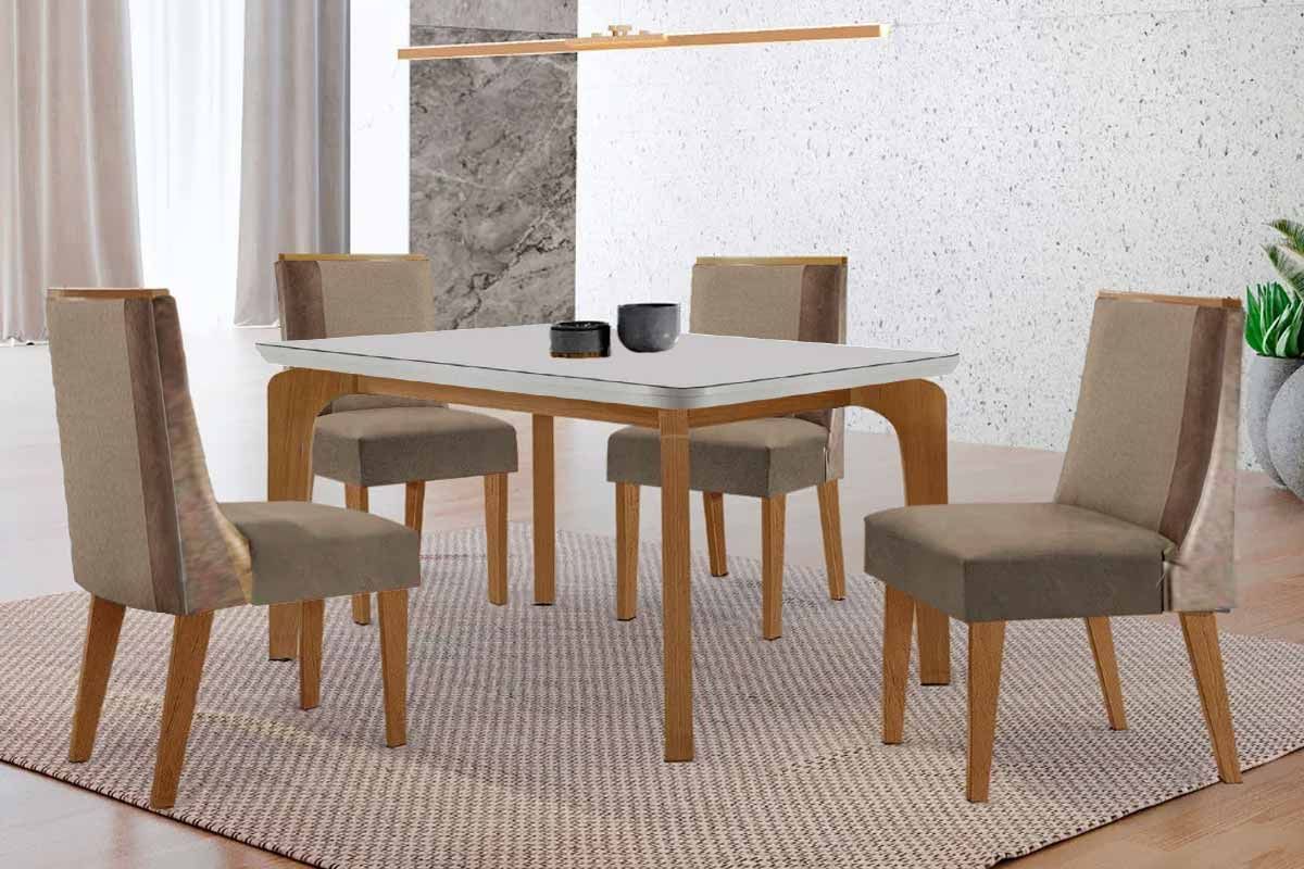 Sala Jantar Mesa Londrina c/ Tampo Madeirado c/ Vidro Canto Curvo 120x80cm 4 Cadeiras Tilia - Rufato