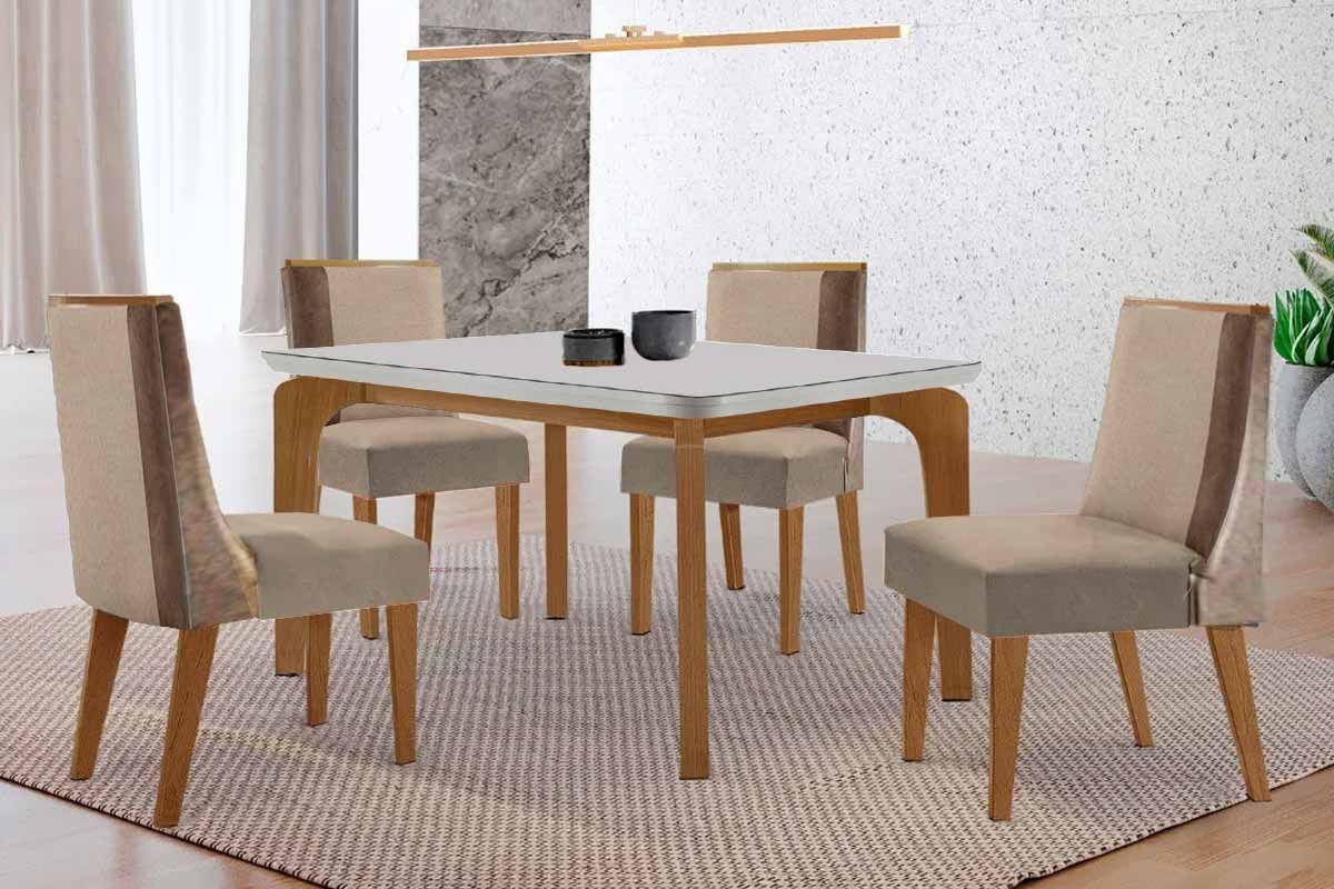 Sala Jantar Mesa Londrina c/ Tampo Madeirado c/ Vidro Canto Curvo 120x80cm 4 Cadeiras Tilia - Rufato