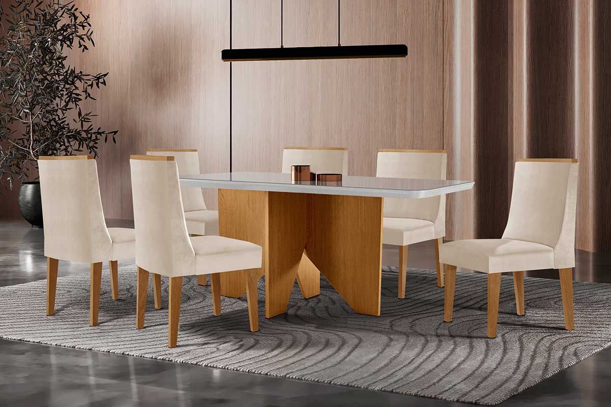 Sala Jantar Mesa Nevada c/ Tampo Madeirado c/ Vidro Canto Curvo 180x90cm e 6 Cadeiras Dakota - Rufato