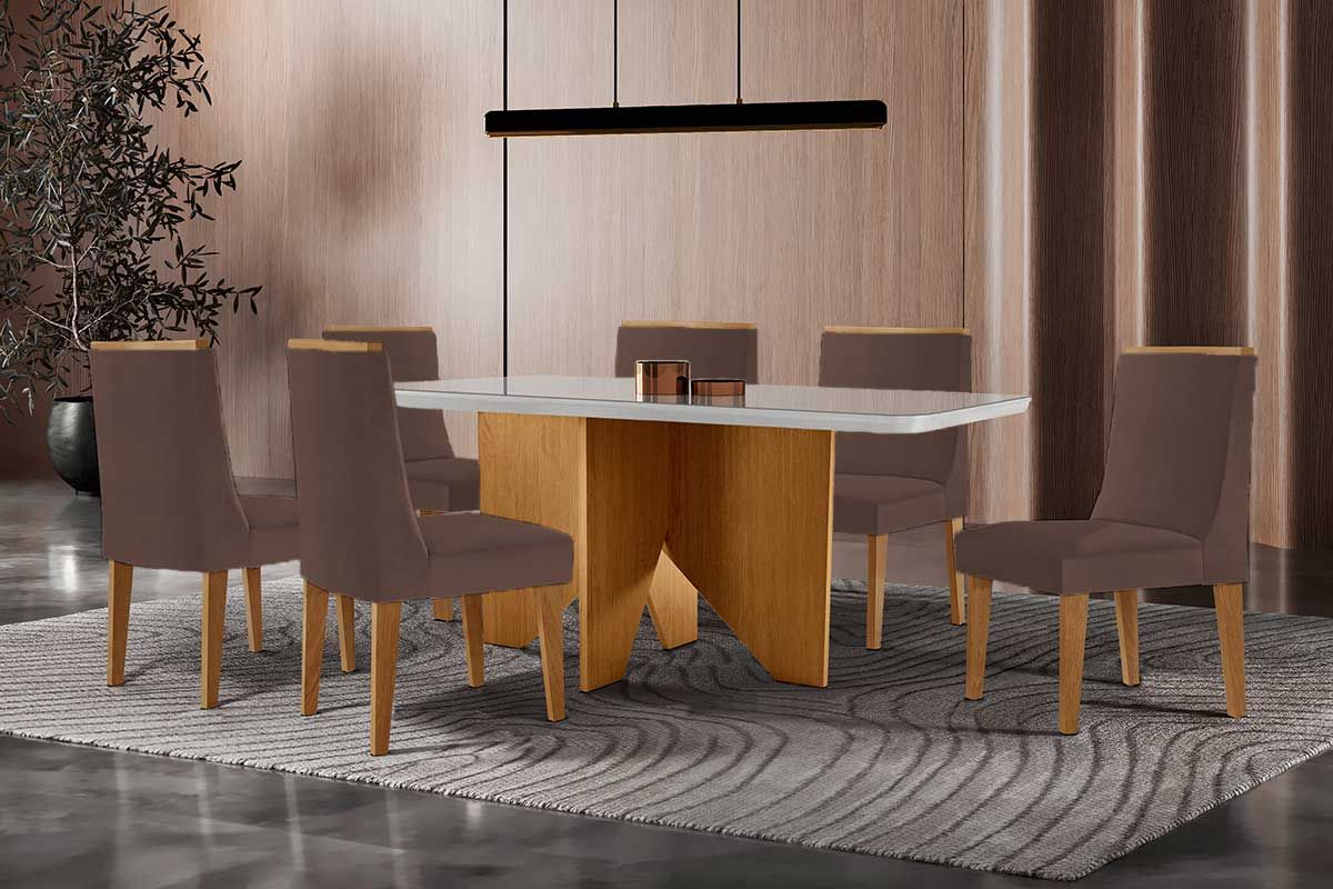 Sala Jantar Mesa Nevada c/ Tampo Madeirado c/ Vidro Canto Curvo 180x90cm e 6 Cadeiras Dakota - Rufato