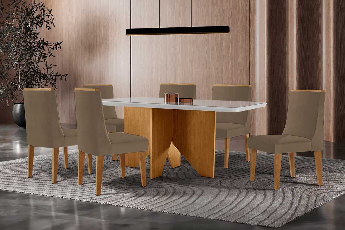 Sala Jantar Mesa Nevada c/ Tampo Madeirado c/ Vidro Canto Curvo 180x90cm e 6 Cadeiras Dakota - Rufato