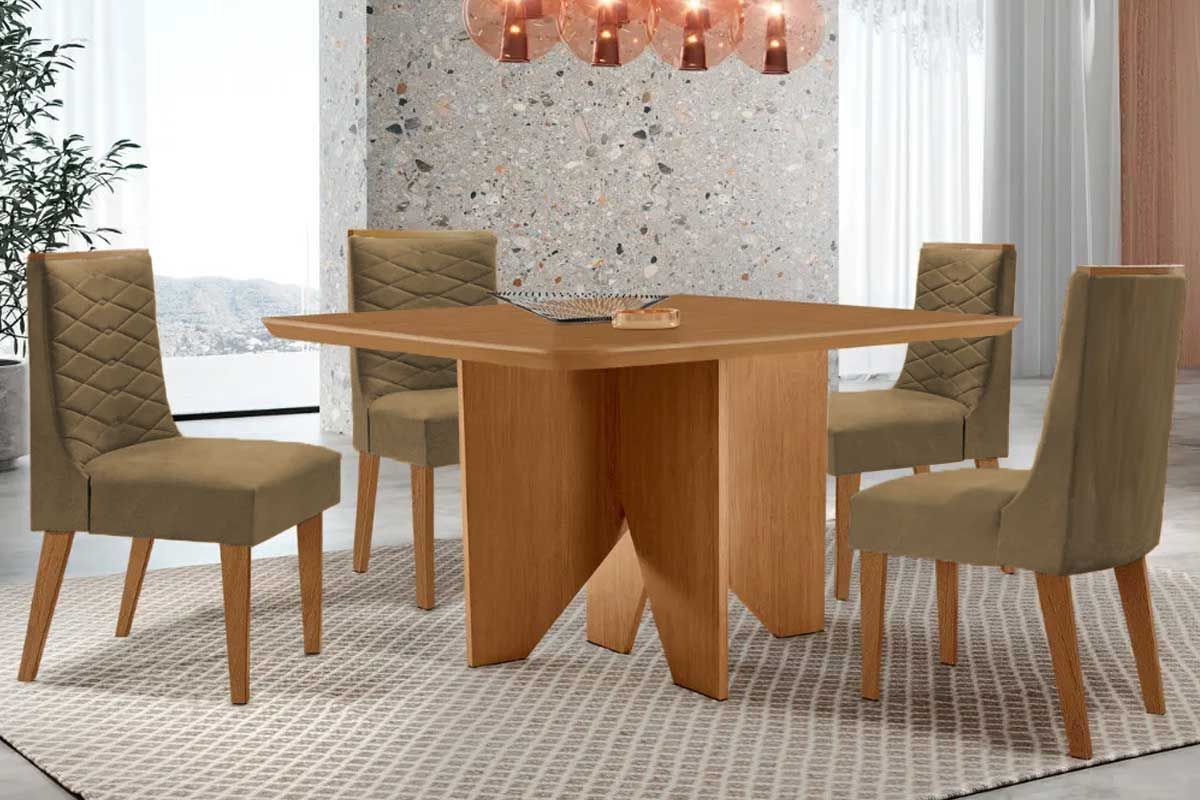 Sala Jantar Mesa Nevada c/ Tampo Madeirado Canto Curvo 90x90cm e 4 Cadeiras Maldivas - Rufato
