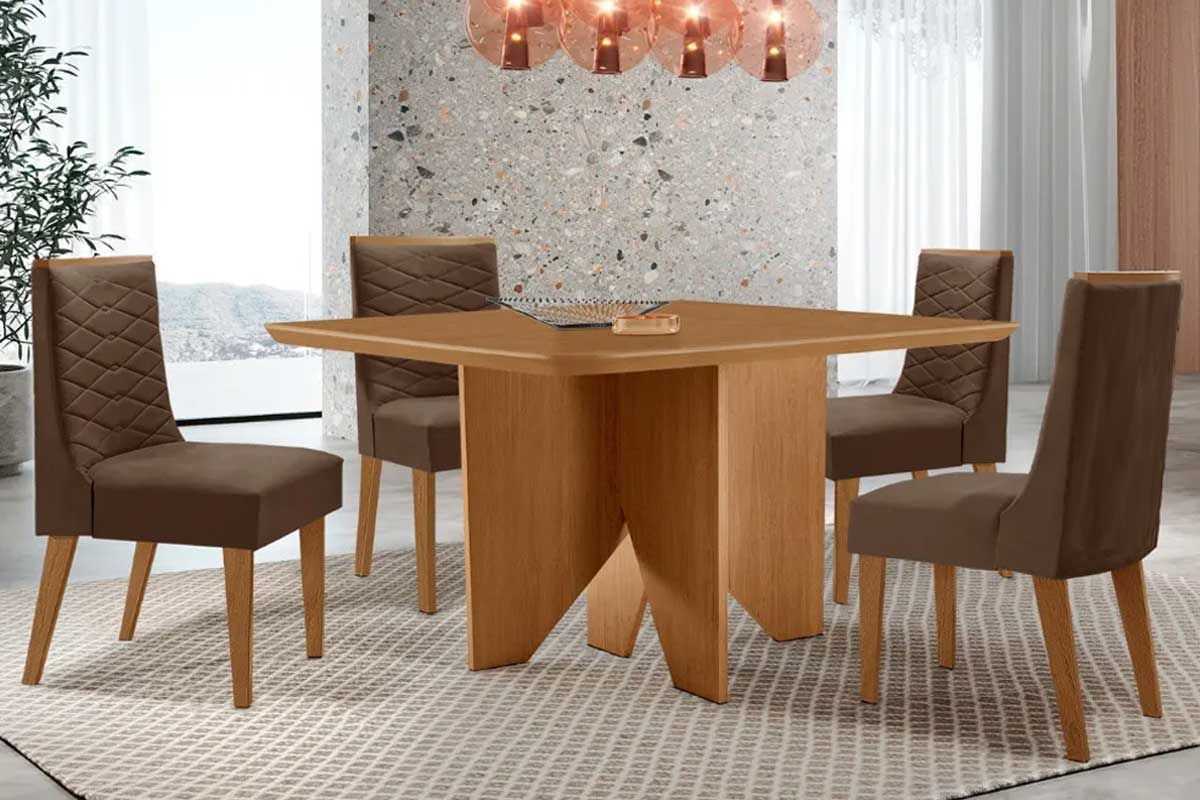 Sala Jantar Mesa Nevada c/ Tampo Madeirado Canto Curvo 90x90cm e 4 Cadeiras Maldivas - Rufato