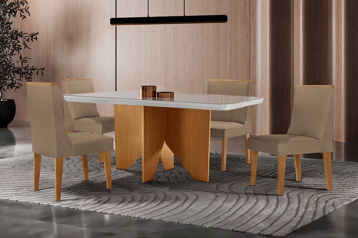 Sala Jantar Mesa Nevada c/ Tampo Madeirado c/ Vidro Canto Curvo 120x80cm e 4 Cadeiras Dakota - Rufato