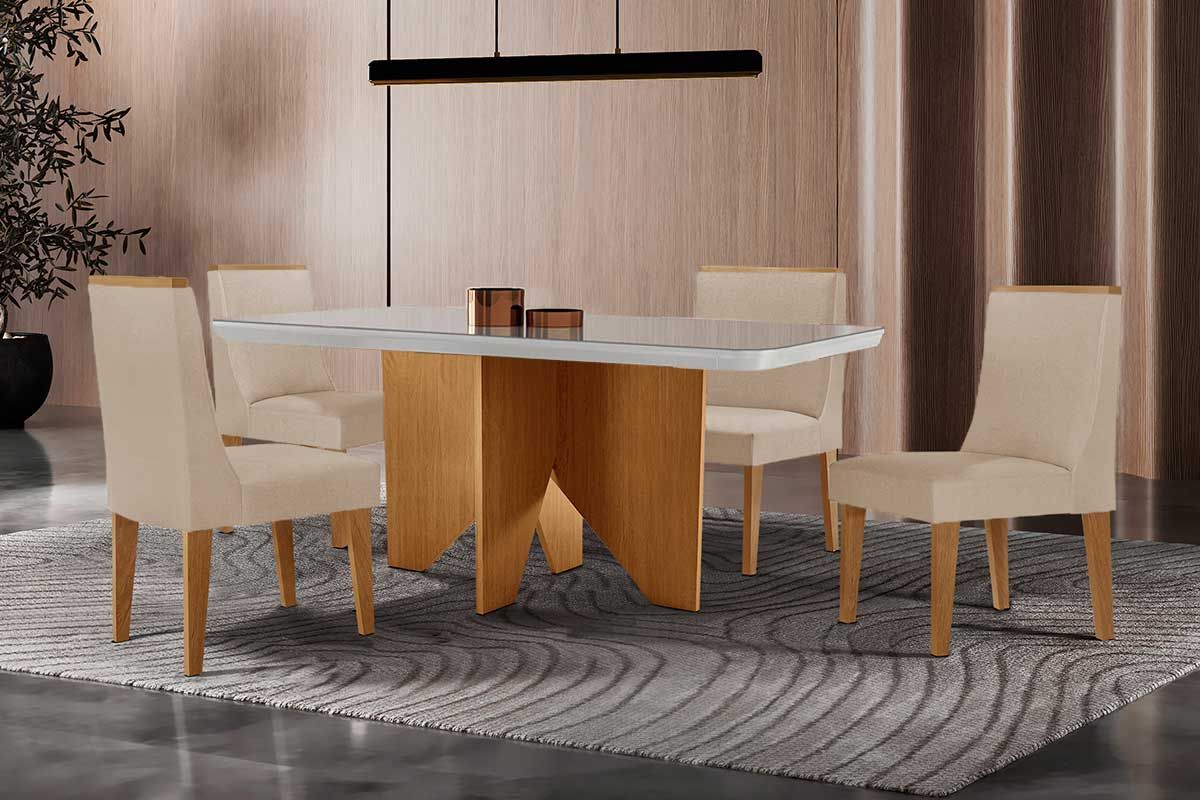 Sala Jantar Mesa Nevada c/ Tampo Madeirado c/ Vidro Canto Curvo 120x80cm e 4 Cadeiras Dakota - Rufato