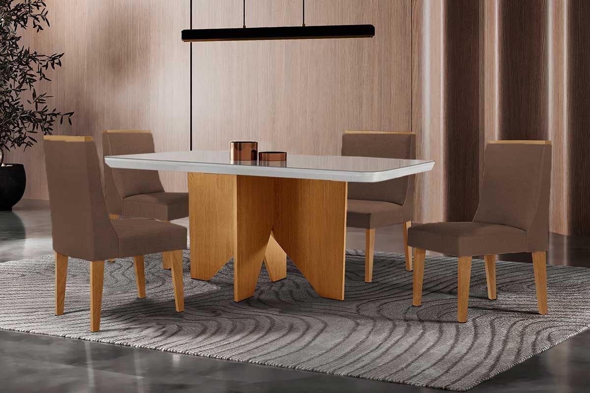 Sala Jantar Mesa Nevada c/ Tampo Madeirado c/ Vidro Canto Curvo 120x80cm e 4 Cadeiras Dakota - Rufato