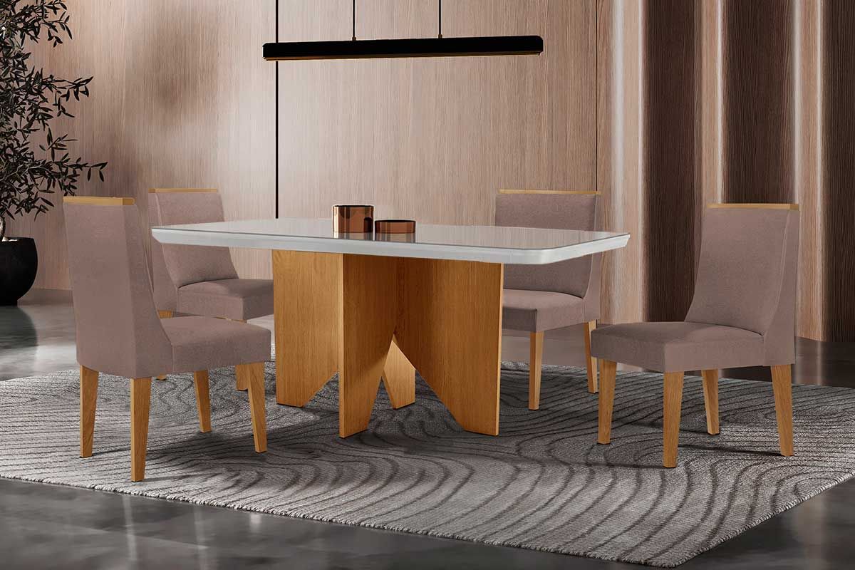 Sala Jantar Mesa Nevada c/ Tampo Madeirado c/ Vidro Canto Curvo 120x80cm e 4 Cadeiras Dakota - Rufato