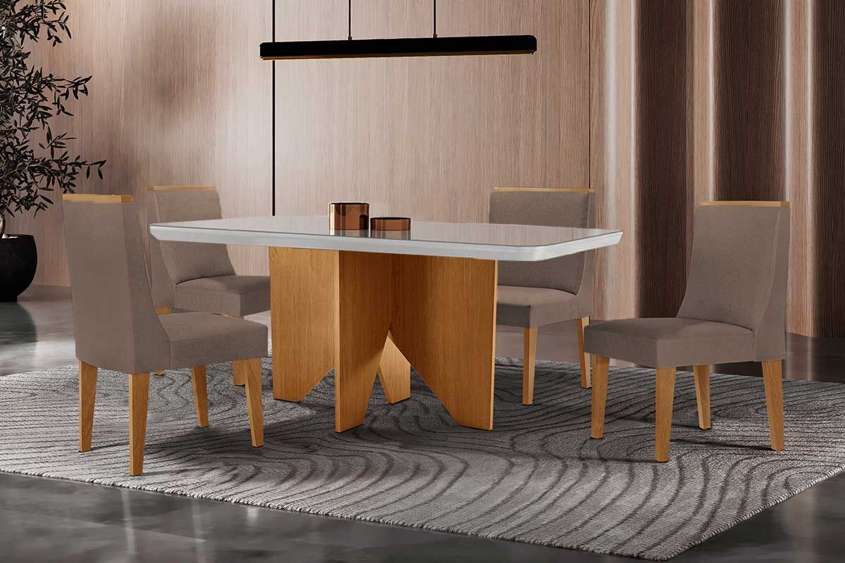 Sala Jantar Mesa Nevada c/ Tampo Madeirado c/ Vidro Canto Curvo 120x80cm e 4 Cadeiras Dakota - Rufato