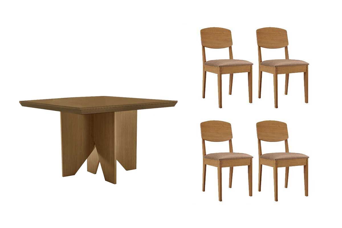 Sala Jantar Mesa Nevada c/ Tampo Madeirado Canto Curvo 90x90cm e 4 Cadeiras Havana - Rufato