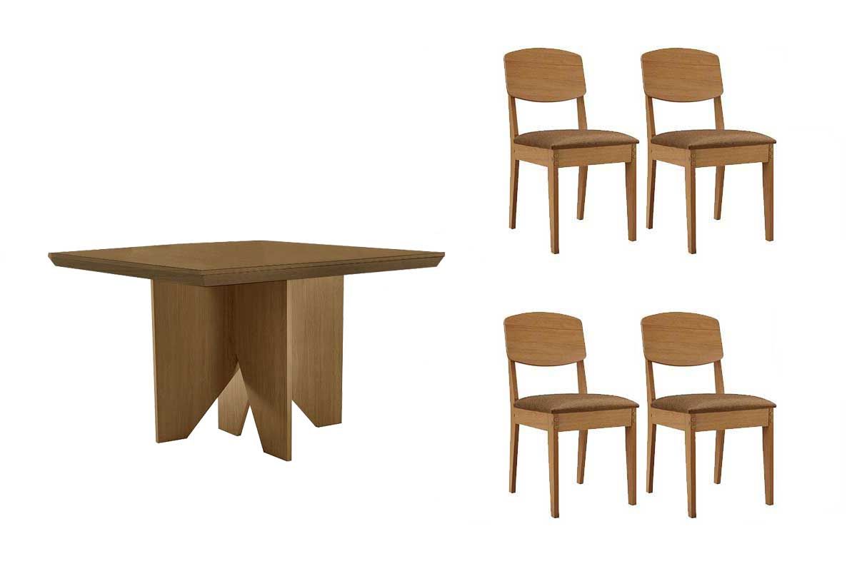 Sala Jantar Mesa Nevada c/ Tampo Madeirado Canto Curvo 90x90cm e 4 Cadeiras Havana - Rufato