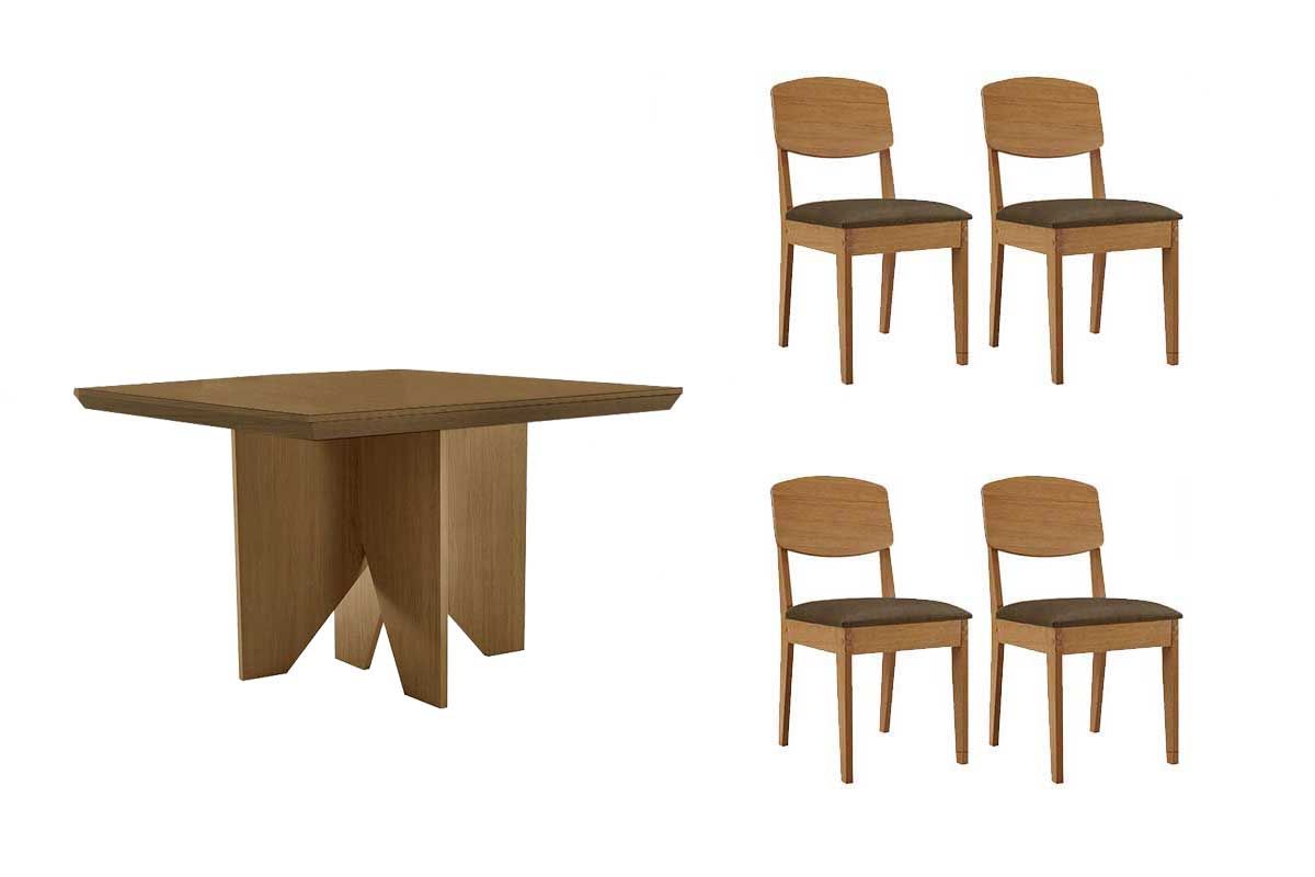 Sala Jantar Mesa Nevada c/ Tampo Madeirado Canto Curvo 90x90cm e 4 Cadeiras Havana - Rufato
