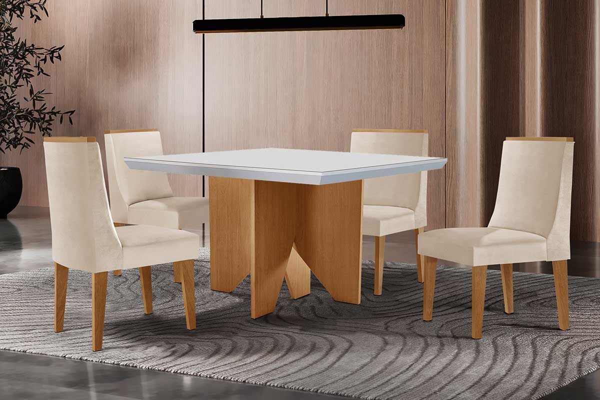 Sala Jantar Mesa Nevada c/ Tampo Madeirado c/ Vidro Canto Curvo 90x90cm e 4 Cadeiras Dakota - Rufato