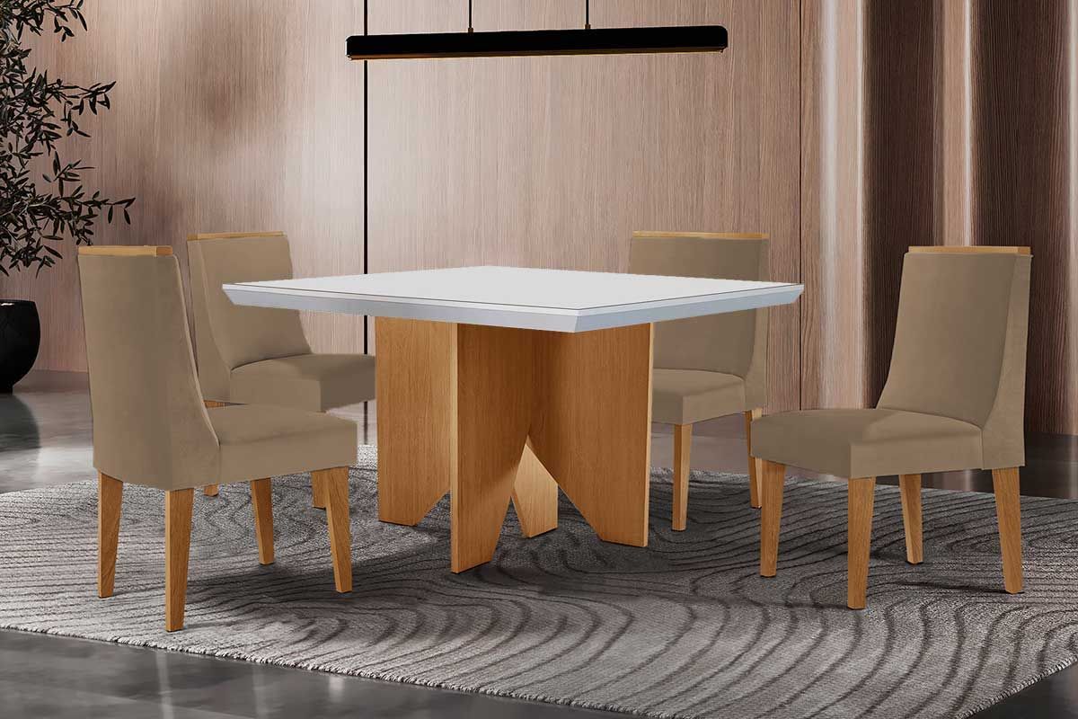Sala Jantar Mesa Nevada c/ Tampo Madeirado c/ Vidro Canto Curvo 90x90cm e 4 Cadeiras Dakota - Rufato