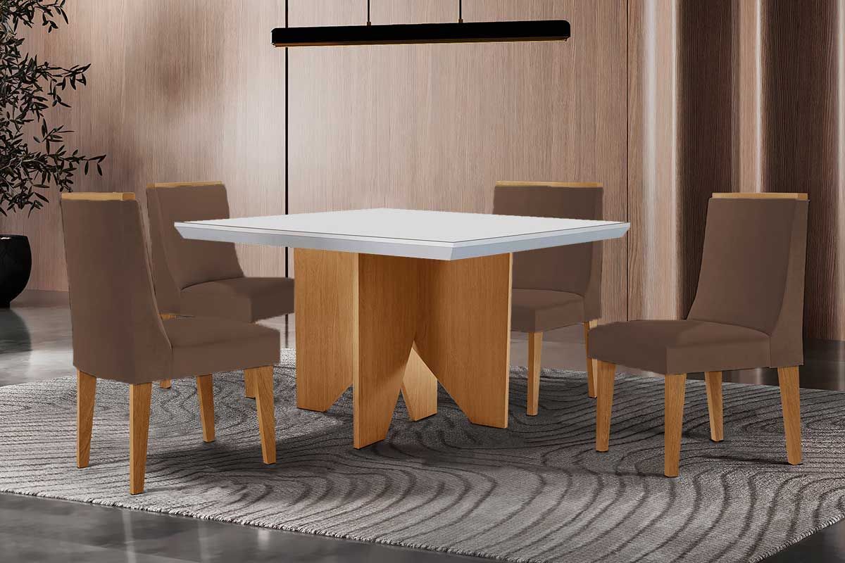 Sala Jantar Mesa Nevada c/ Tampo Madeirado c/ Vidro Canto Curvo 90x90cm e 4 Cadeiras Dakota - Rufato