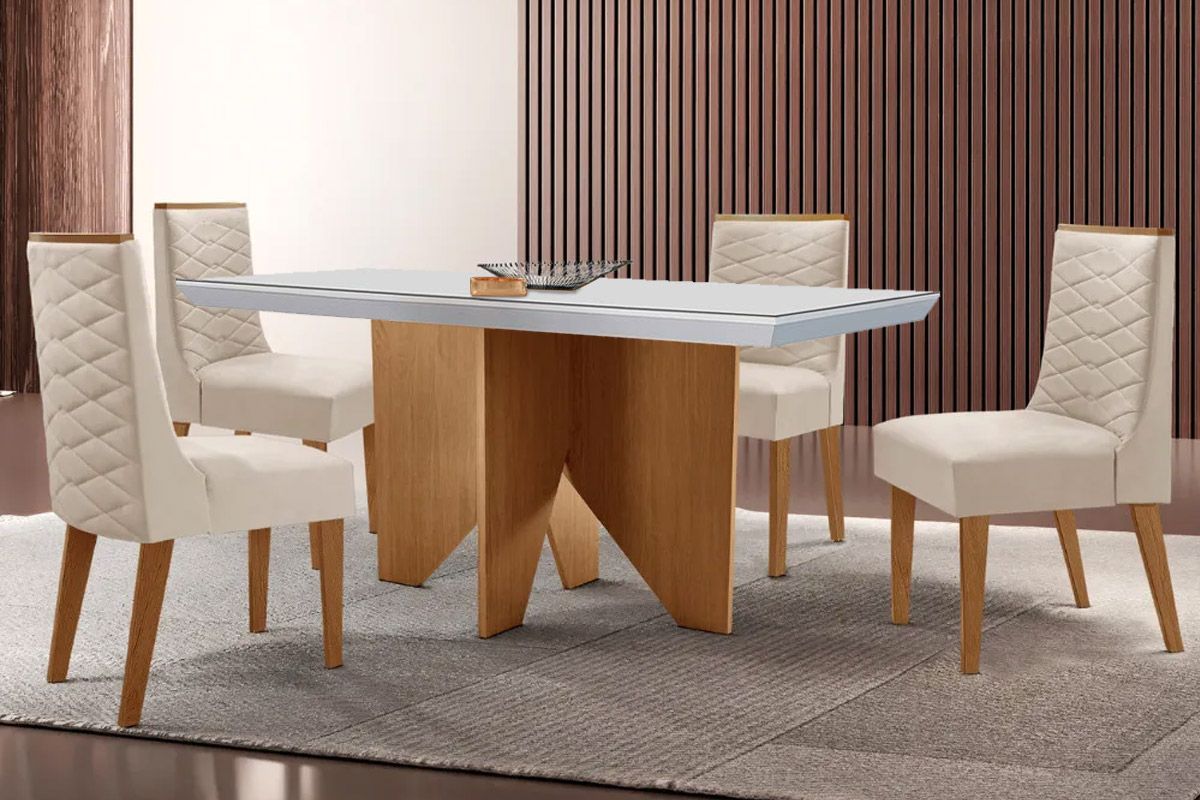 Sala Jantar Mesa Nevada c/ Tampo Madeirado c/ Vidro Canto Curvo 120x80cm e 4 Cadeiras Dafne - Rufato