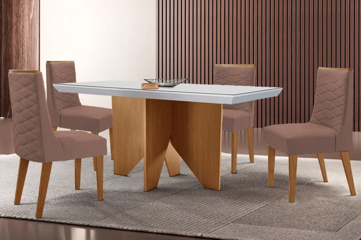 Sala Jantar Mesa Nevada c/ Tampo Madeirado c/ Vidro Canto Curvo 120x80cm e 4 Cadeiras Dafne - Rufato