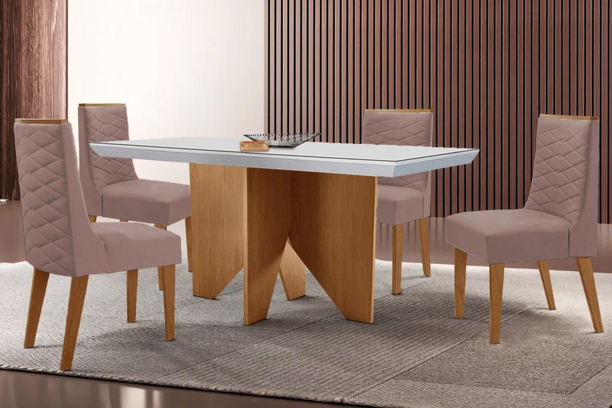 Sala Jantar Mesa Nevada c/ Tampo Madeirado c/ Vidro Canto Curvo 120x80cm e 4 Cadeiras Dafne - Rufato