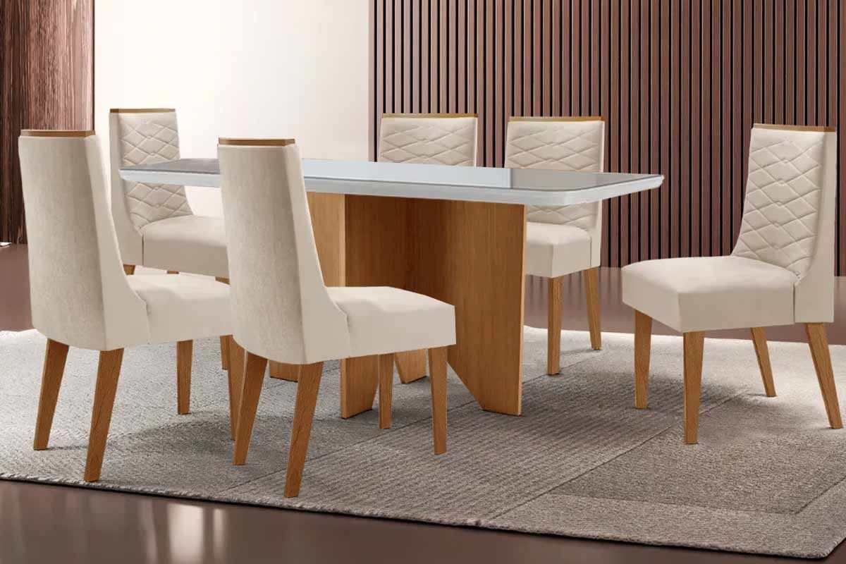 Sala Jantar Mesa Nevada c/ Tampo Madeirado c/ Vidro Canto Curvo 180x90cm e 6 Cadeiras Maldivas - Rufato