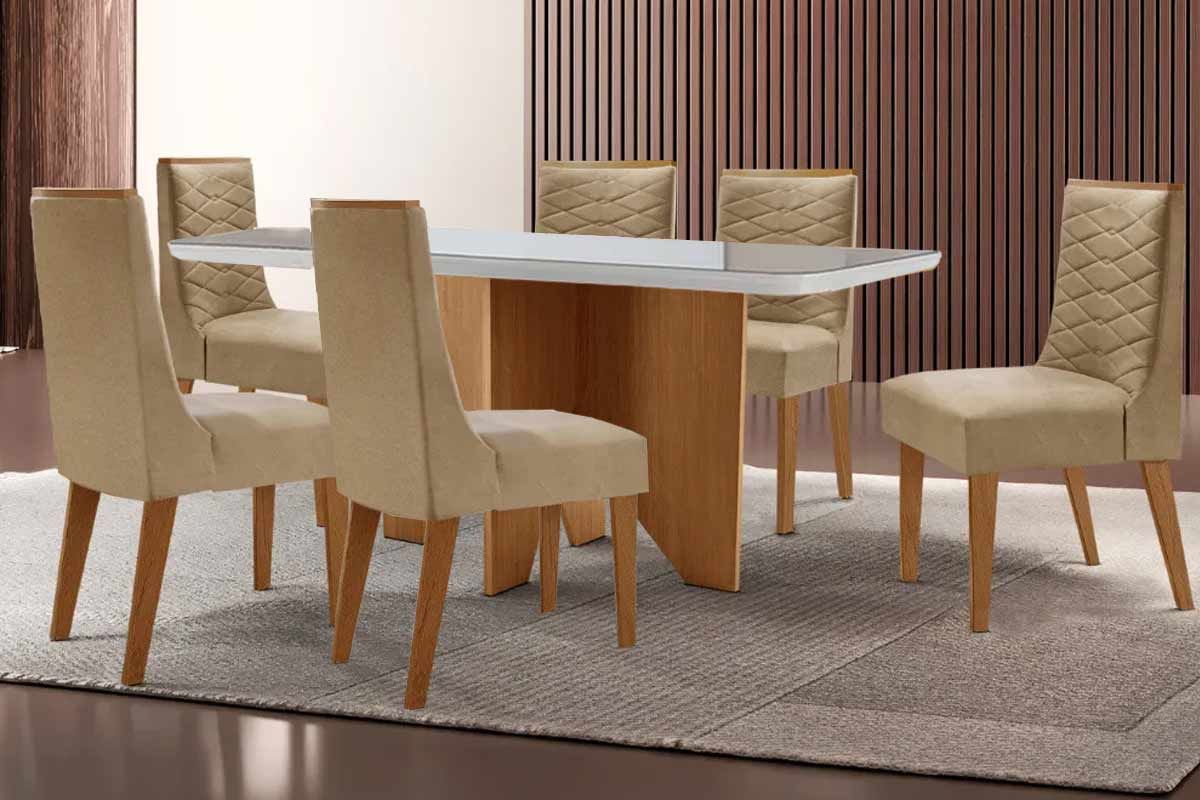 Sala Jantar Mesa Nevada c/ Tampo Madeirado c/ Vidro Canto Curvo 180x90cm e 6 Cadeiras Maldivas - Rufato