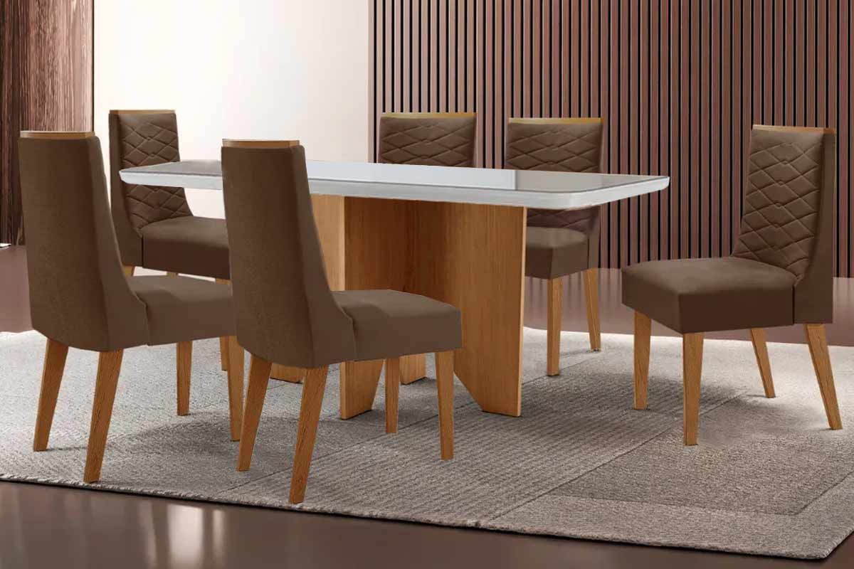 Sala Jantar Mesa Nevada c/ Tampo Madeirado c/ Vidro Canto Curvo 180x90cm e 6 Cadeiras Maldivas - Rufato