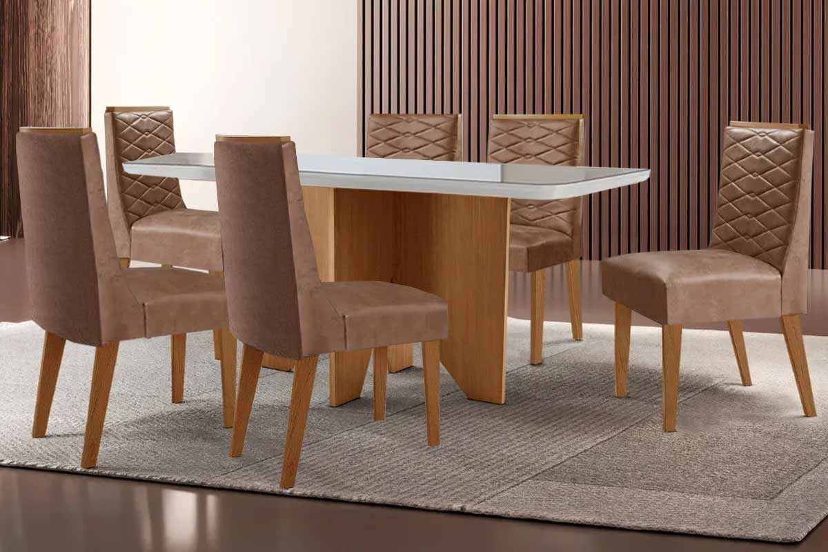 Sala Jantar Mesa Nevada c/ Tampo Madeirado c/ Vidro Canto Curvo 180x90cm e 6 Cadeiras Maldivas - Rufato