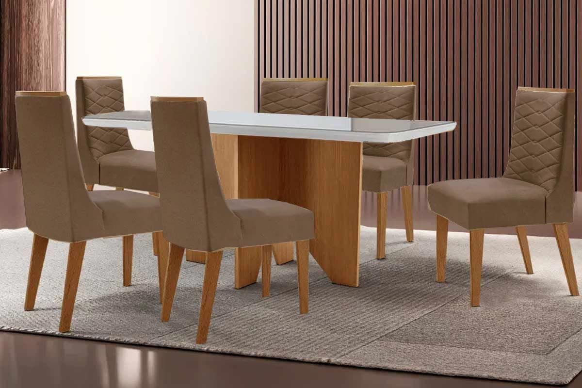 Sala Jantar Mesa Nevada c/ Tampo Madeirado c/ Vidro Canto Curvo 180x90cm e 6 Cadeiras Maldivas - Rufato
