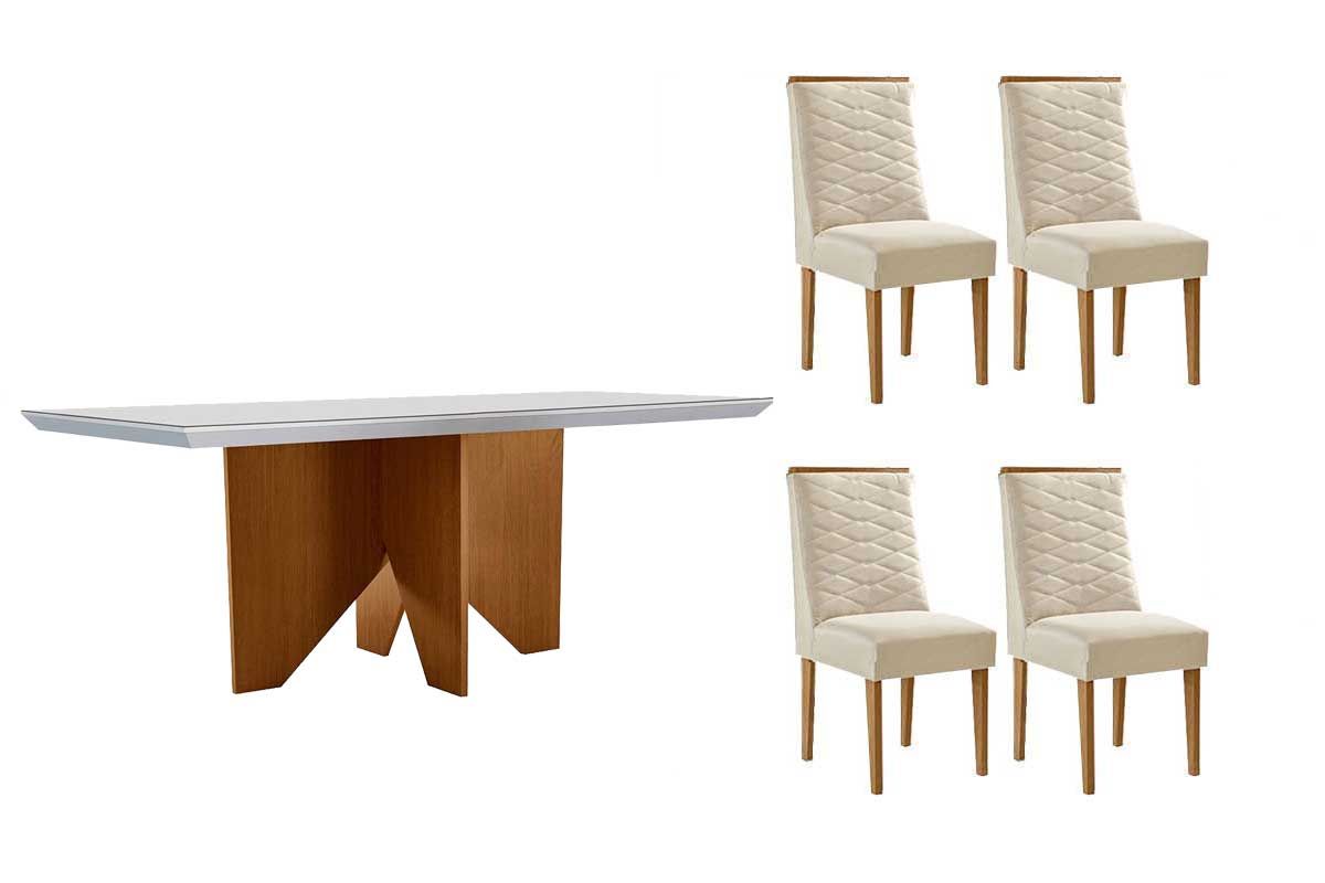 Sala Jantar Mesa Nevada c/ Tampo Madeirado c/ Vidro Canto Curvo 120x80cm e 4 Cadeiras Maldivas - Rufato